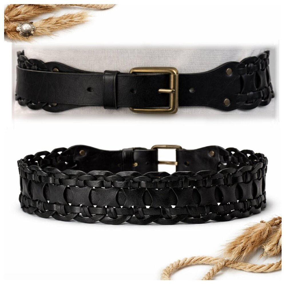 Black Woven Leather Belt boho western 37 total length